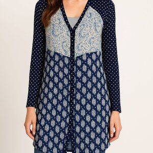 Hem & Thread Navy and White Patterned Button Up Tunic Shirt Boho Size Med